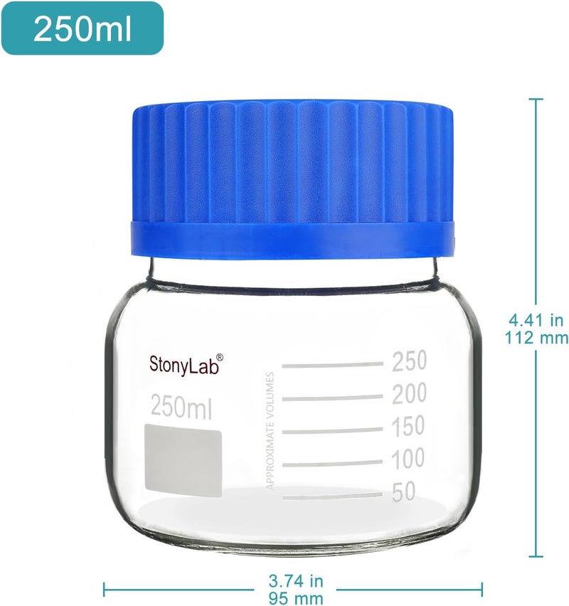 stonylab Graduated Storage Bottle, Premium Glass Round Bottom Reagent Bottle with GL80 Screw Cap, High Transparency Wide Mouth Media Storage Bottle with Clear Scale, 250 ml - Image 2